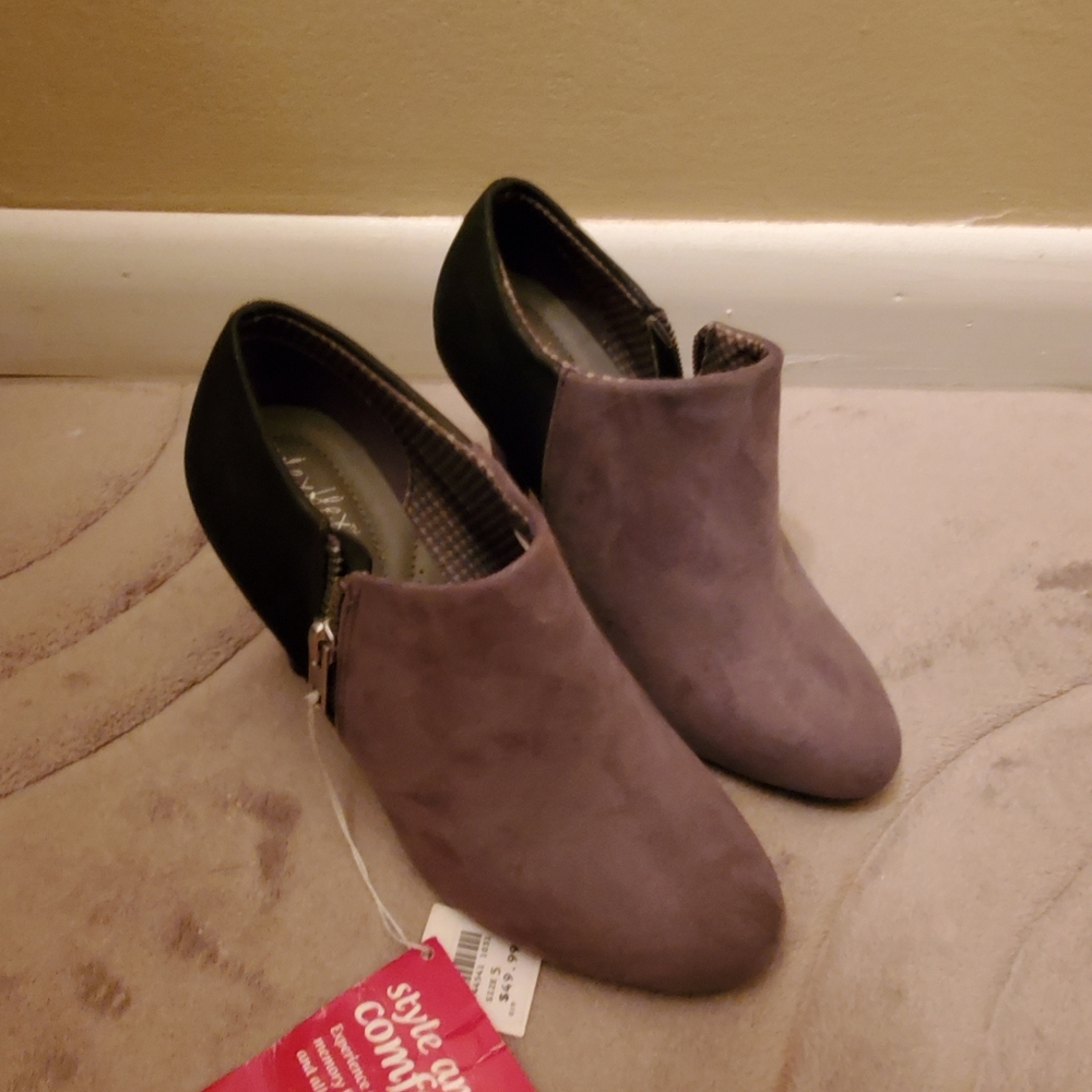 Black and gray suede booties
